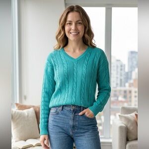 100% Cotton Vintage Teal Cable Knit Women's Sweater